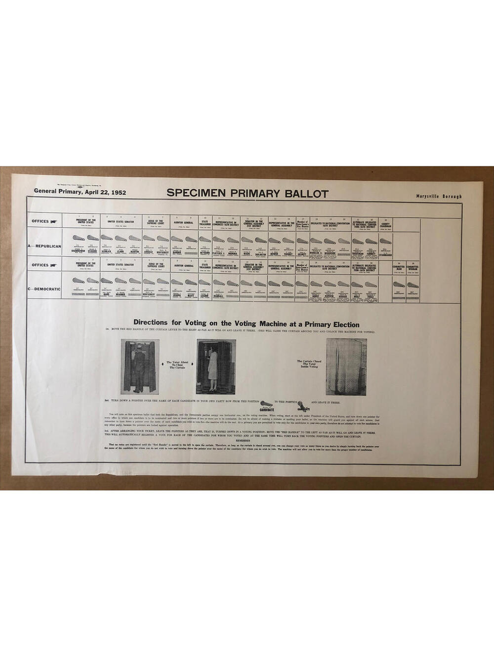 Specimen Primary Ballet Voting Machine Original Vintage Poster 1952 Vote Booth
